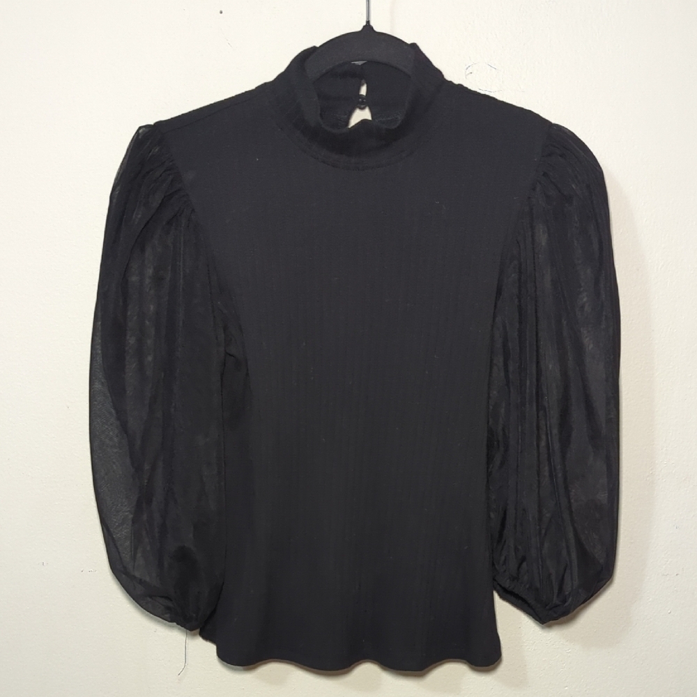 Black Mock Neck Blouse with Sheer Puff Sleeves Ribbed Stretch Women's Size XS*